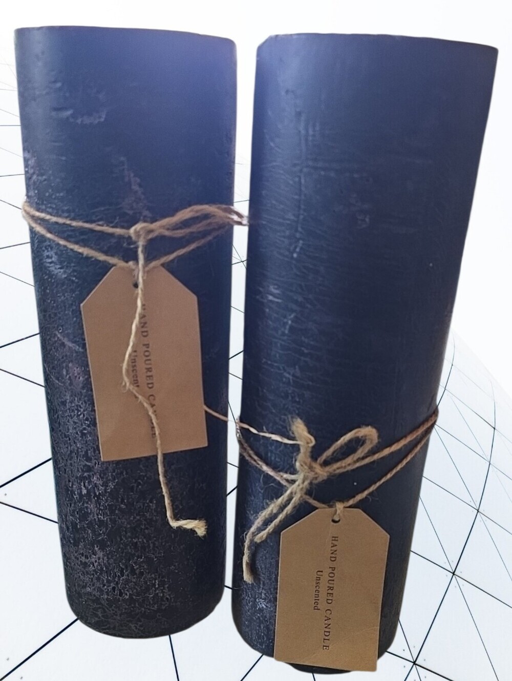 TWO Handpoured Candle Large Pillar Style 4" x 12" Back Solid Vguc 12” tall